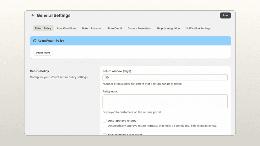 Rweturns manager settings view
