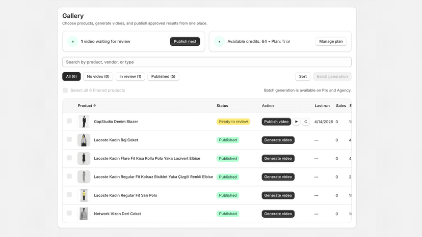 Gallery view with video status, and publish actions