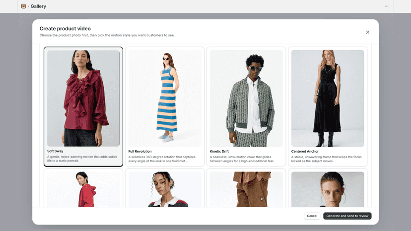 Motion template selection modal for product video creation