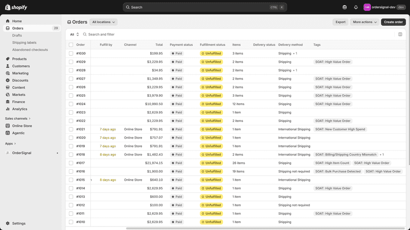 An order in Shopify admin showing the SOAT tags applied
