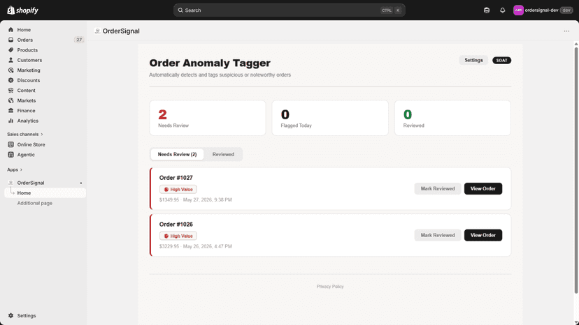 The main dashboard showing flagged orders