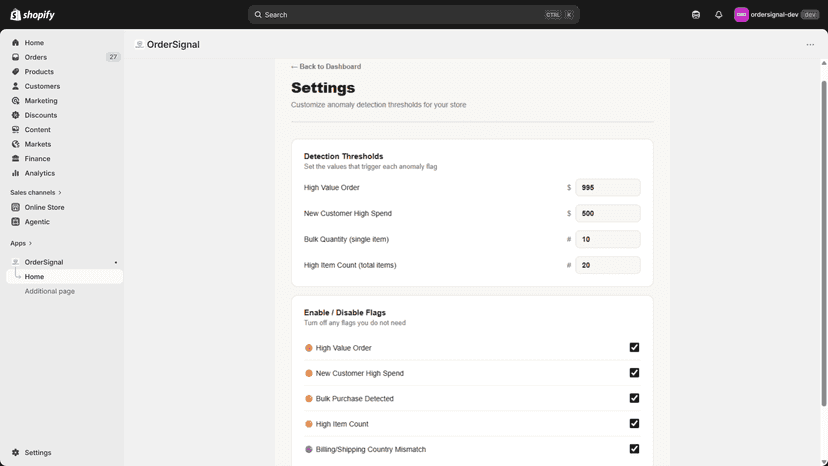The settings/thresholds page