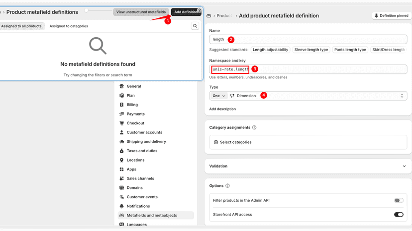 Create the metafield definitions and set the type to Dimension.