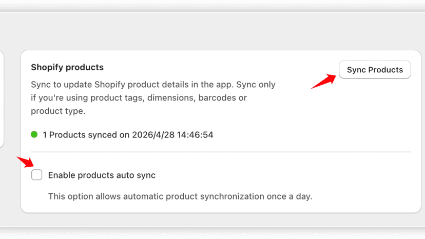 Use Sync Products to manually sync Shopify products into the app