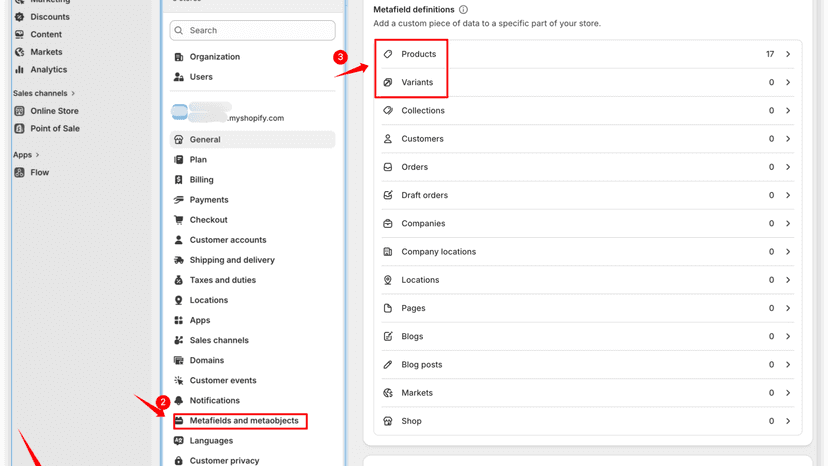 Open Shopify Settings, then go to Metafields and metaobjects.