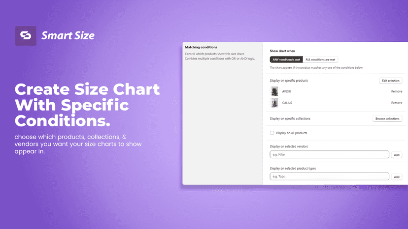 Size charts with specific conditions