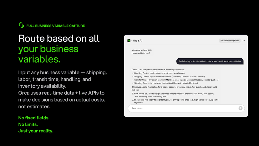 Orca AI chat showing saved cost, shipping, and time variables.