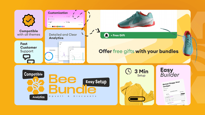 Bee Bundle collage showing free gifts, analytics, fast setup
