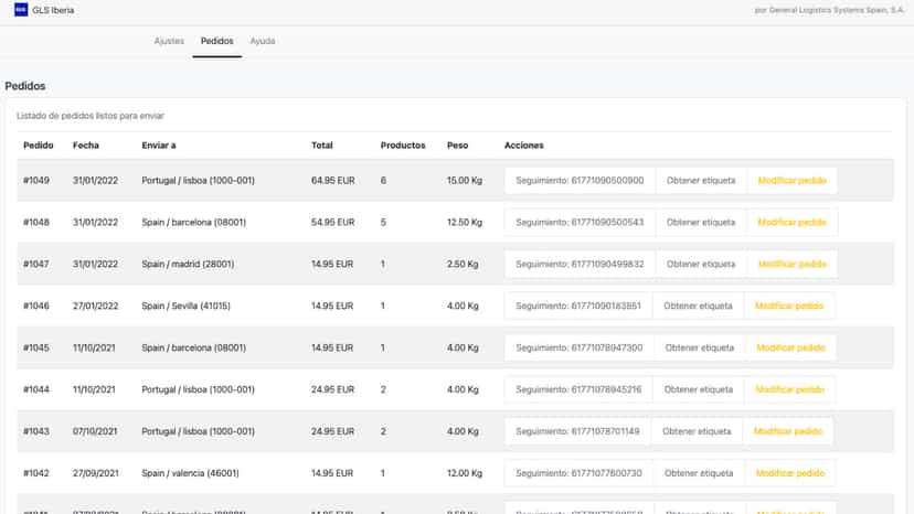 Shipments list with GLS