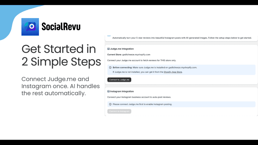 SocialRevu setup dashboard with Review platform and Instagram