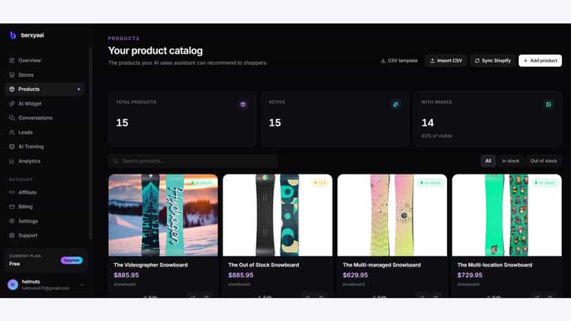Product catalog synced from Shopify inside the berxyaai dash