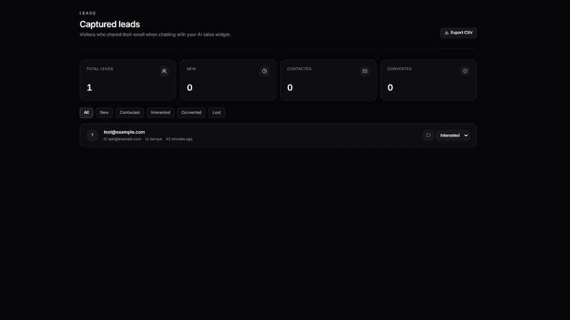 Leads dashboard showing captured shopper email and status