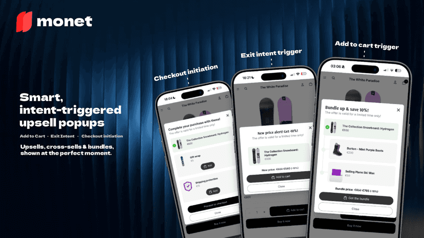 Monet, Shopify AI Popup upsell bundles, triggered by events