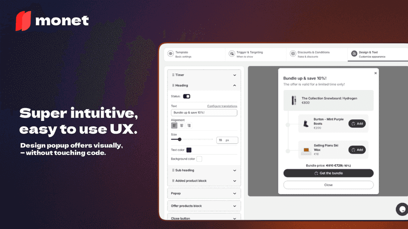 Monet best shopify app - UI Preview and simple UX of the app