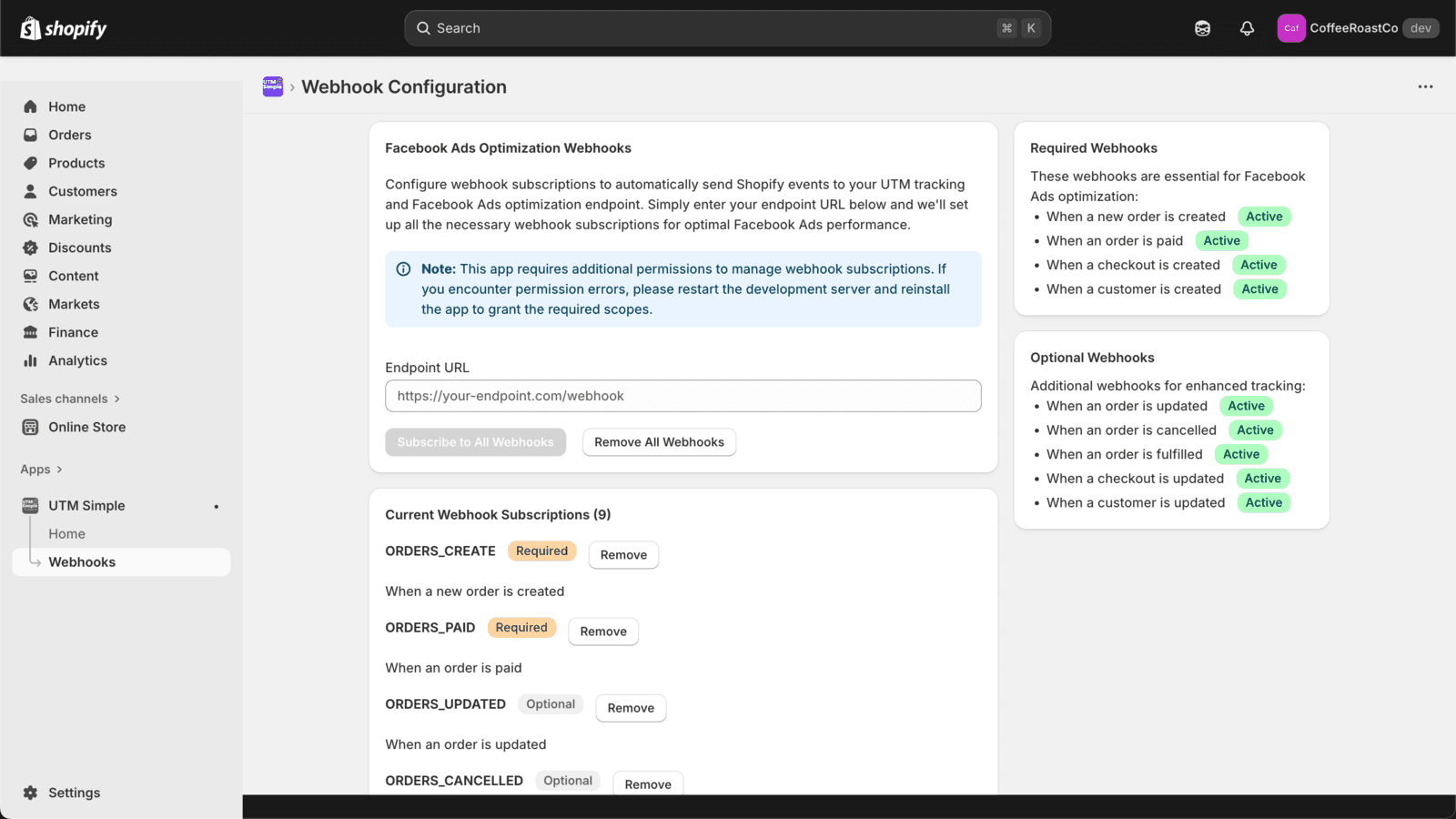 Example of how webhooks will be shown for CAPI endpoint