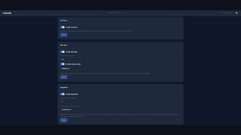 Rekindly settings for FirstTimer, Win-Back and ReplyPulse