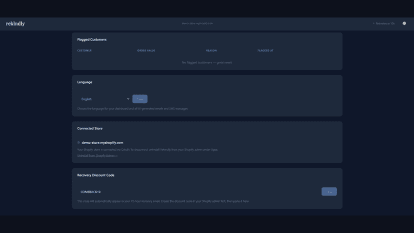 Rekindly flagged customers and connected Shopify store