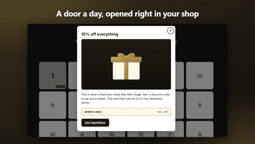 Open door in the shop with image, text and discount code