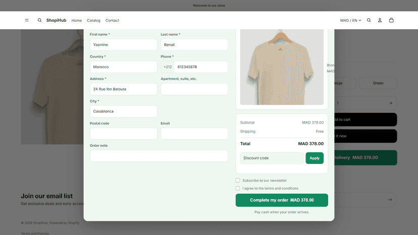 Order popup showing the product, quantity tiers and discount box