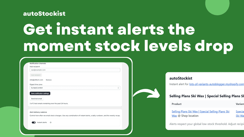 Instant low stock alert email example