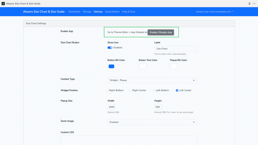 Easy Size Chart Settings