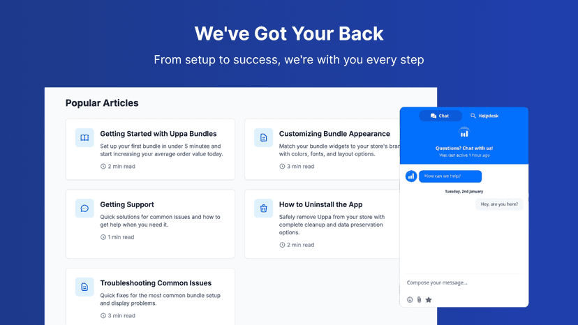 Support page with help articles and chat widget