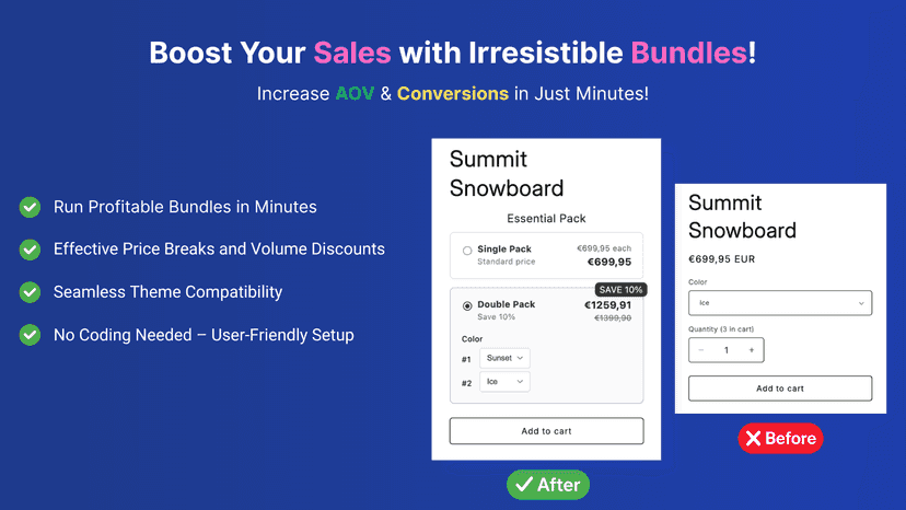 Bundle sales page showing before/after product widgets