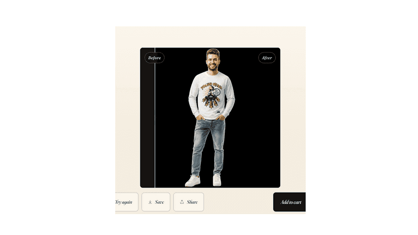 Generated try-on result with before-and-after preview