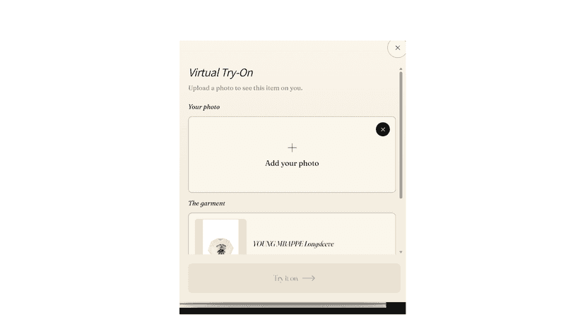 Storefront try-on widget open on a Shopify product page