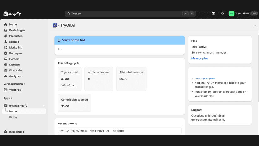 TryOnAI embedded admin with usage, plan and recent try-ons
