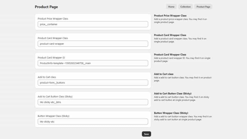 product page setting