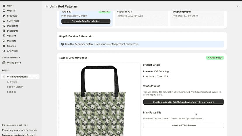 Tote bag mockup with one-click Printful sync button