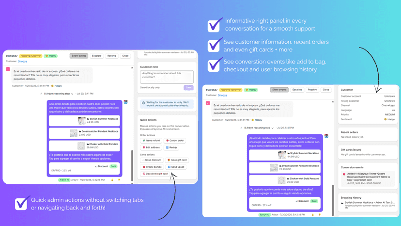 Rich right panel for admin actions and improvement