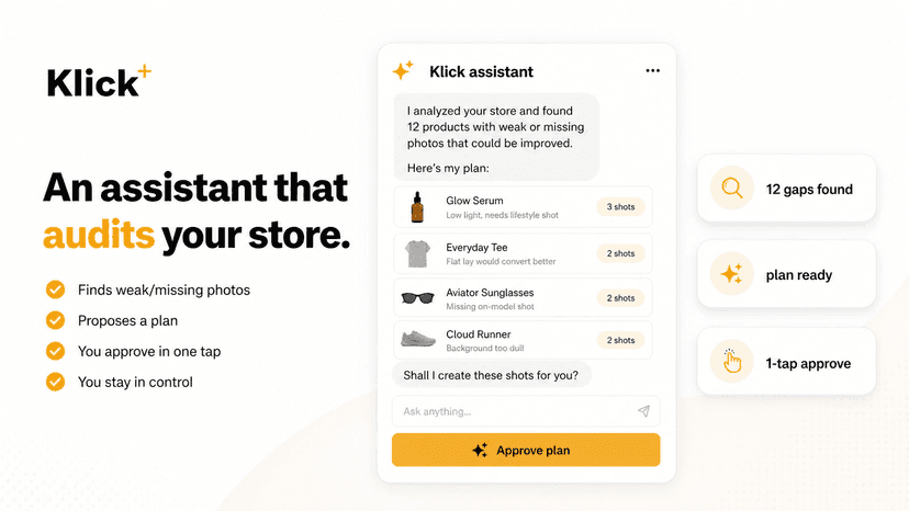 Klick AI assistant auditing a store for weak photos