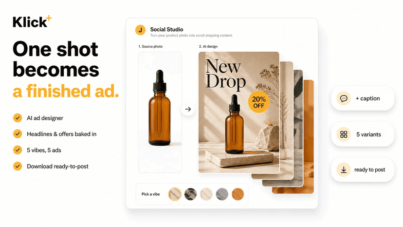 Klick Social Studio turning a product shot into an ad