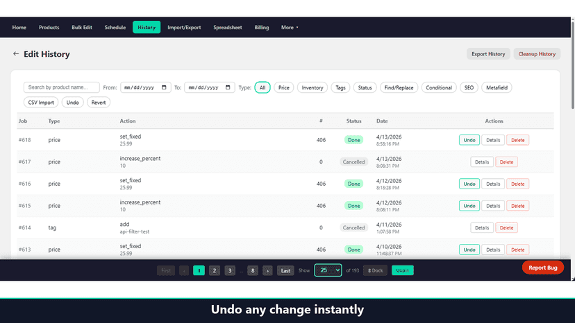 Edit history with undo, logs and change tracking