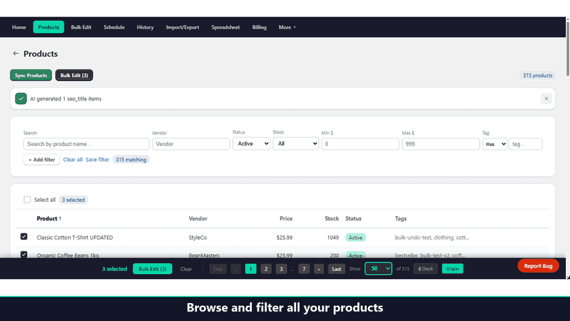 Product list with search, filters and bulk selection