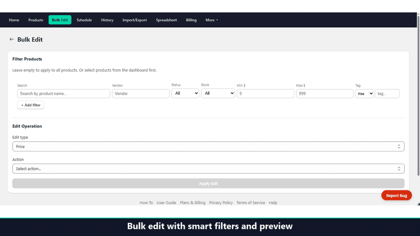 Bulk edit interface with filters, preview and apply