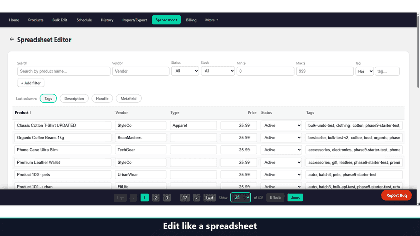 Spreadsheet editor for inline product updates