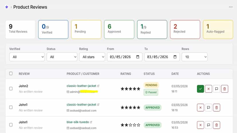Reviews list with filters and search bar