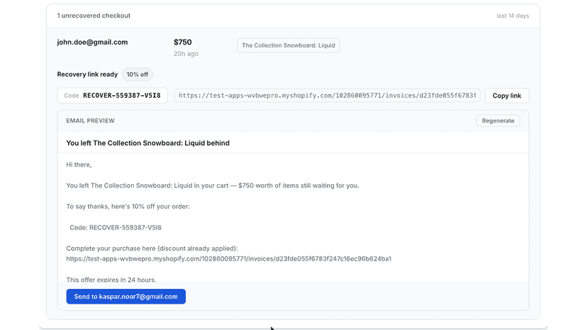 Recoverable cart list with discount selector and recovy text
