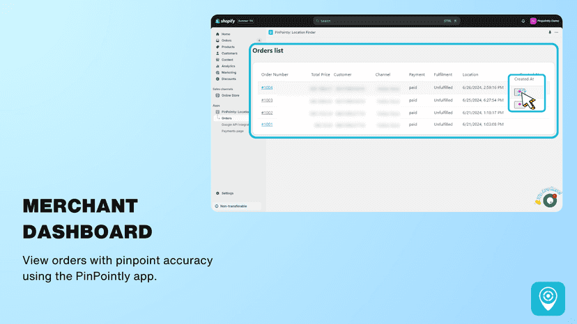 PinPointly app merchant dashboard showing orders