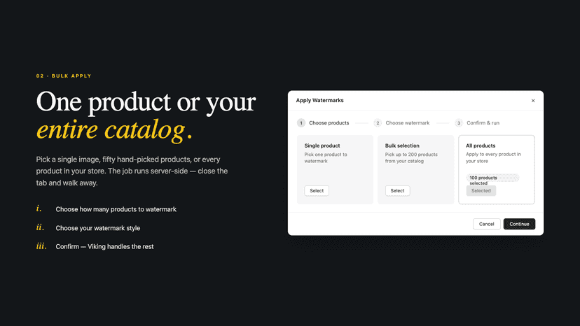 Apply Watermark wizard: choose single, bulk, or all products.