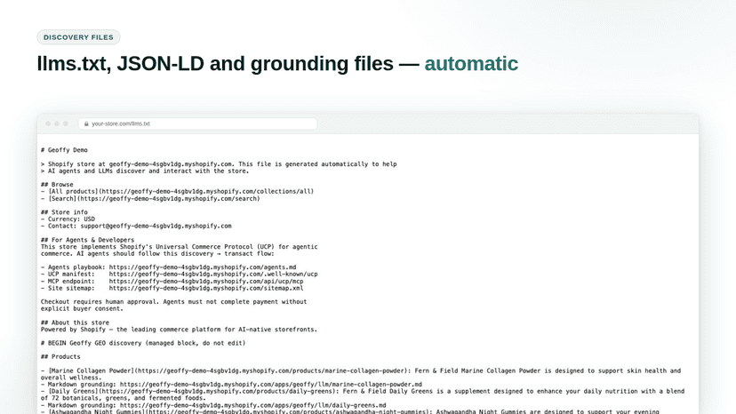 Store llms.txt with Geoffy GEO discovery index