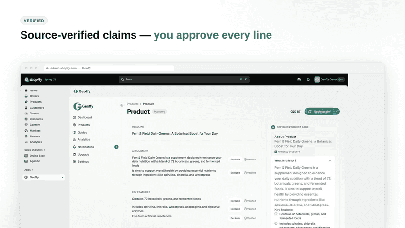 Geoffy review screen with source-verified claims