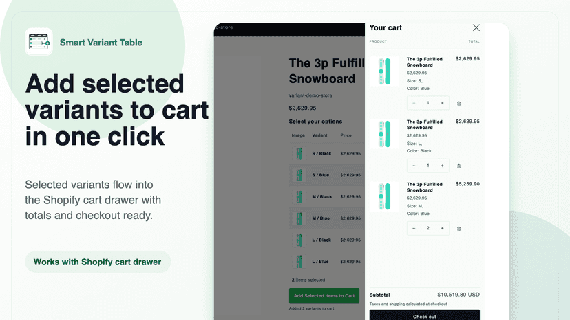 Shopify cart drawer showing multiple selected product variants a