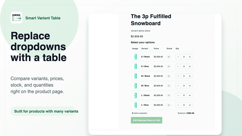 Shopify product page showing variant options displayed in a clea