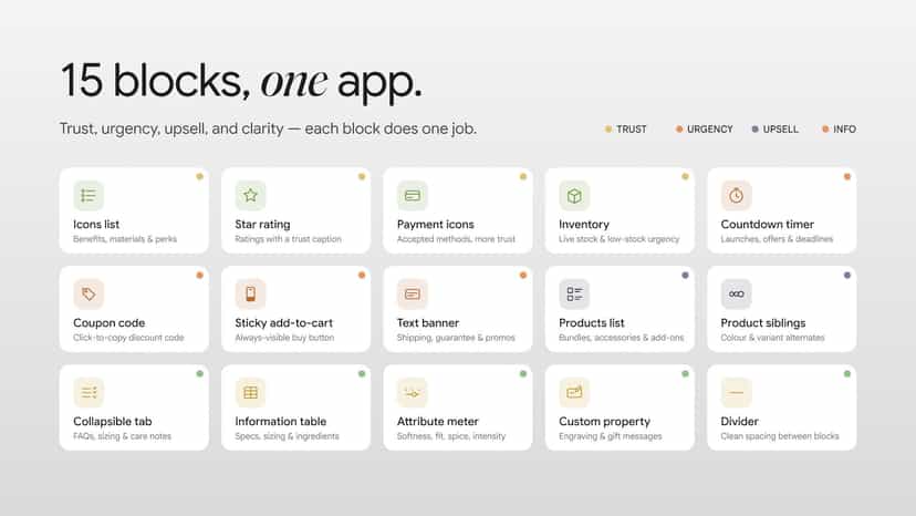 15 free product page blocks, each doing one clear job