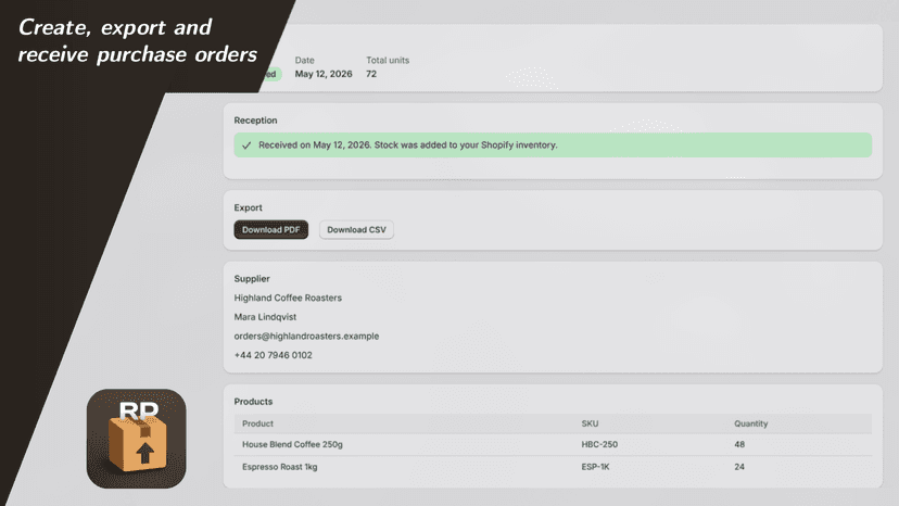 Received purchase order with PDF and CSV export