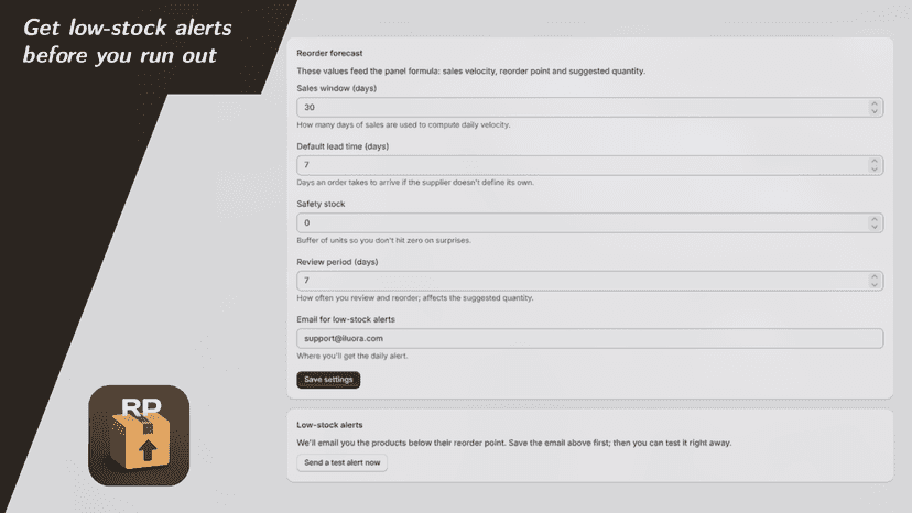 Reorder forecast settings and low-stock alerts